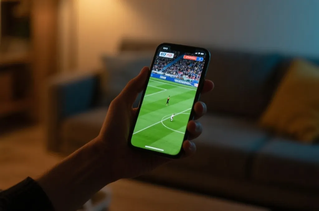 A close-up of a person holding a modern smartphone displaying a soccer match broadcast in a cozy living room, cinematic lighting