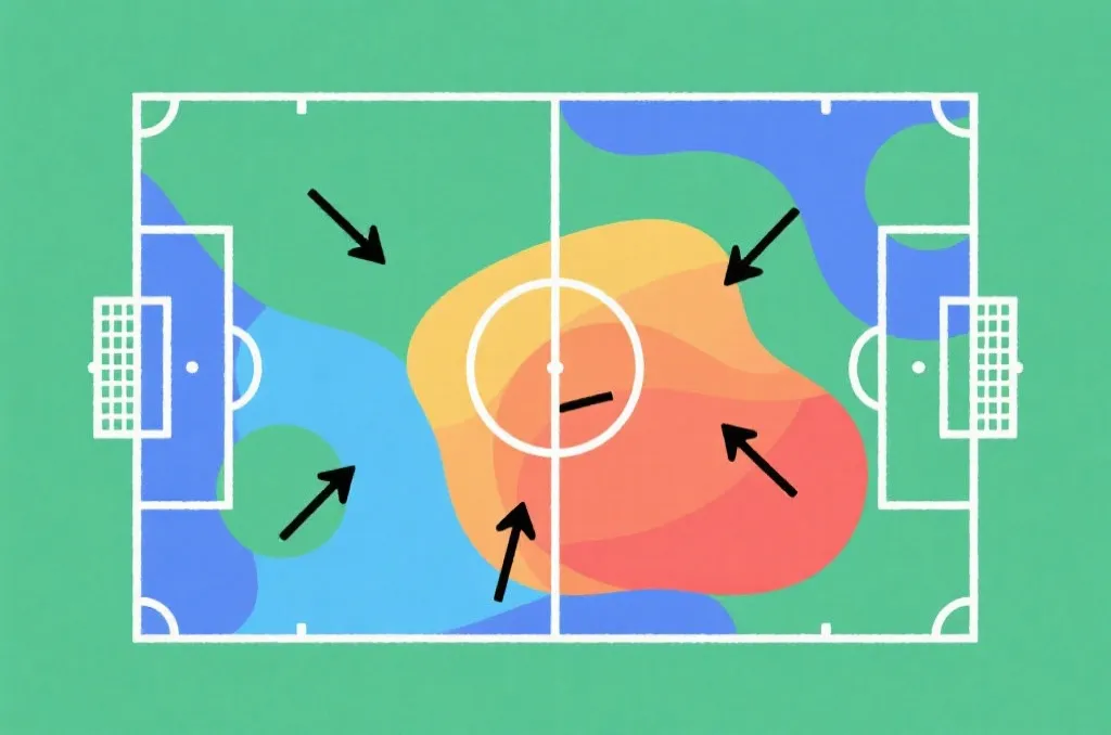 A flat vector illustration of a tactical football pitch with color-coded heatmap zones and tactical movement arrows, clean minimalist style